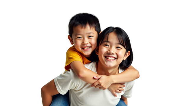 Happy Asian Siblings Hugging, Isolated on Isolated Background - Powered by Adobe