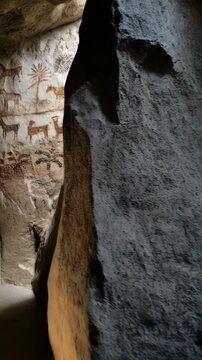 Ancient cave paintings depicting animals and plant life etched into weathered rock surface illuminated by natural light, artwork.