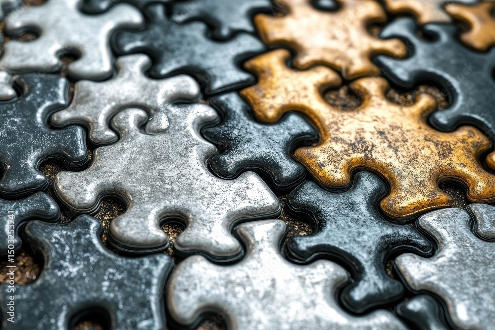 Poster close-up view of metallic puzzle pieces with unique textures and colors on an abstract background
