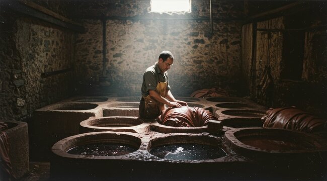 Artisan crafting leather in traditional tannery vats under a skylight