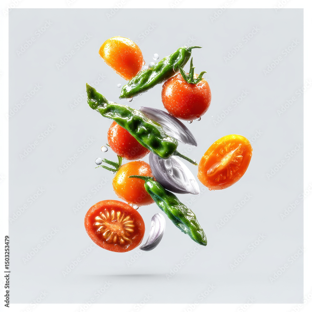 Poster vibrant tomatoes and green beans float dynamically creating a realistic, mouthwate entree perfect fo