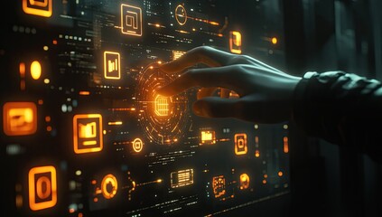 Futuristic interface with hand interacting with glowing icons
