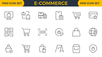 E-Commerce set of web icons in line style. Online shopping icons for web and mobile app. Business, mobile shop, digital marketing, bank card, gifts, sale, delivery. Vector illustration