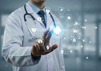 Healthcare Innovation: A doctor's hand interacts with a network of futuristic medical icons, symbolizing advancements in medicine, technology, and digital healthcare.