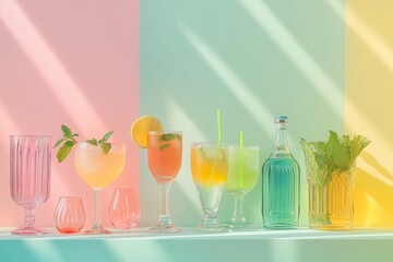 Colorful summer beverages in bright sunlight on pastel background