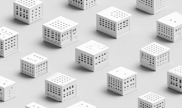 Abstract cityscape miniature.  A grid of miniature buildings, cubic structures,  white and minimalist design - Powered by Adobe