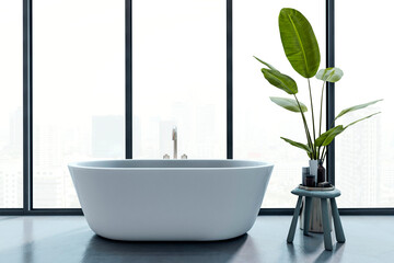 Modern luxury bathroom interior with freestanding tub and green plant near large windows...