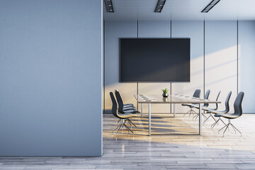 Modern corporate meeting room with large blank screen and sleek furniture in clean interior with copyspace wall on the left side. 3D Rendering