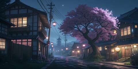 Japanese Town at Twilight with Cherry Blossoms,Architecture, Sakura
