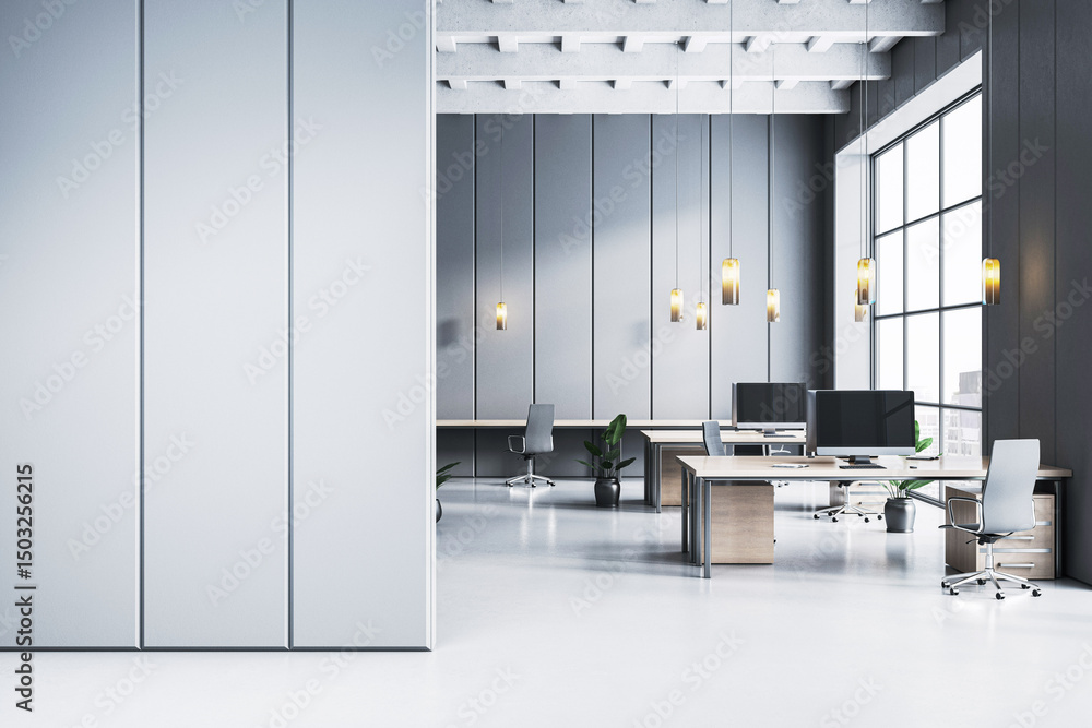 Poster modern empty office interior with computer desks and chairs in clean corporate workspace, large wind