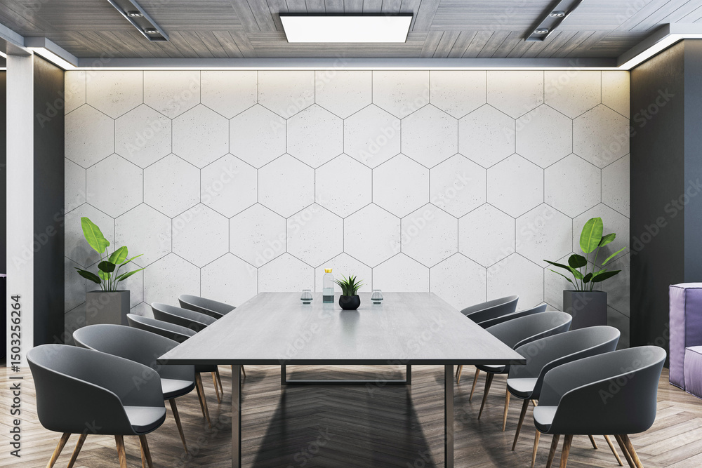 Poster modern corporate meeting room with geometric wall design and sleek furniture in neutral tones, empha
