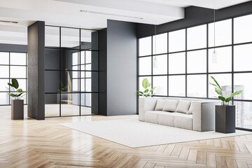 Modern corporate waiting area with large windows, clean design, contemporary furniture, and wooden flooring in a bright office interior space. 3D Rendering