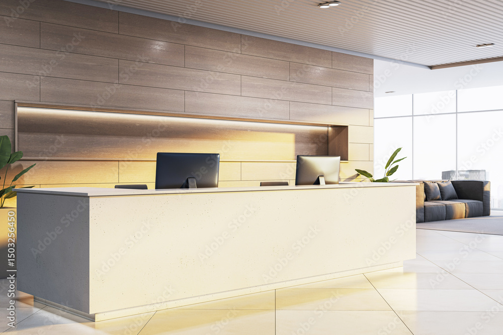 Poster modern corporate reception desk with clean beige counter and twin monitors in bright contemporary of