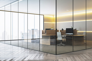Contemporary empty office interior with modern furniture and glass walls in a corporate building with city view and clean minimal design. 3D Rendering