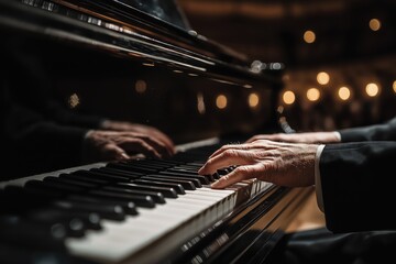 Fototapeta premium Concert pianist sits focused under spotlight in darkened elegant music hall