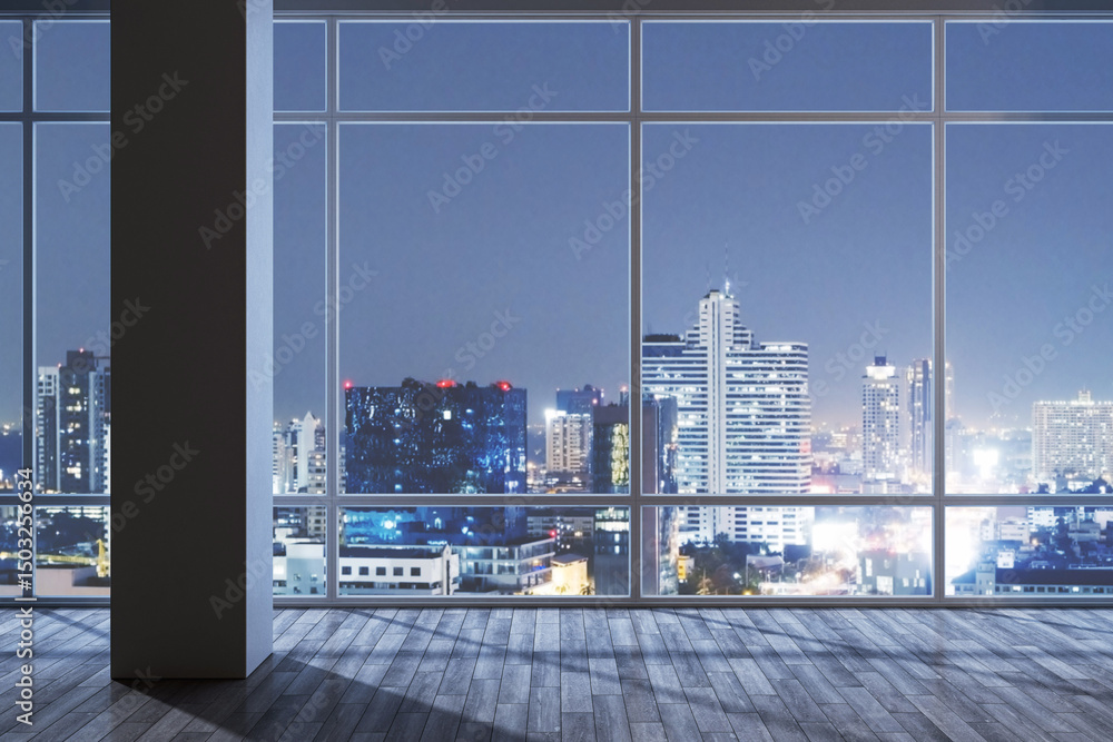Aufkleber modern empty room interior with large windows overlooking illuminated city skyline at night, showcas