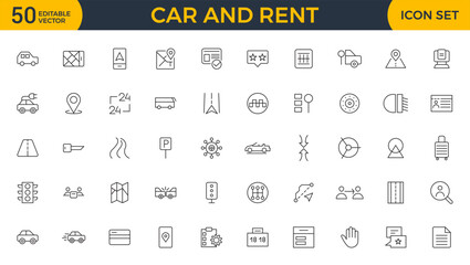 Car and rent linear icon set. Automobile business, car rent, repair, transport, travel, car sharing and transport outline icon collection.
