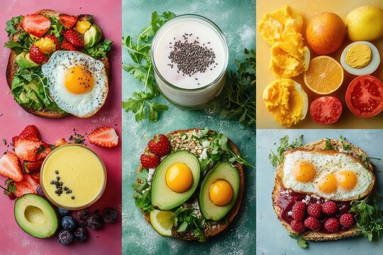 A colorful collage of brunch items, including avocado toast, eggs benedict, and fruit smoothies