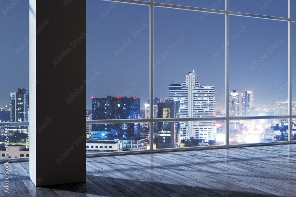 Poster modern empty interior with panoramic window view of illuminated city skyline at night, showcasing ur
