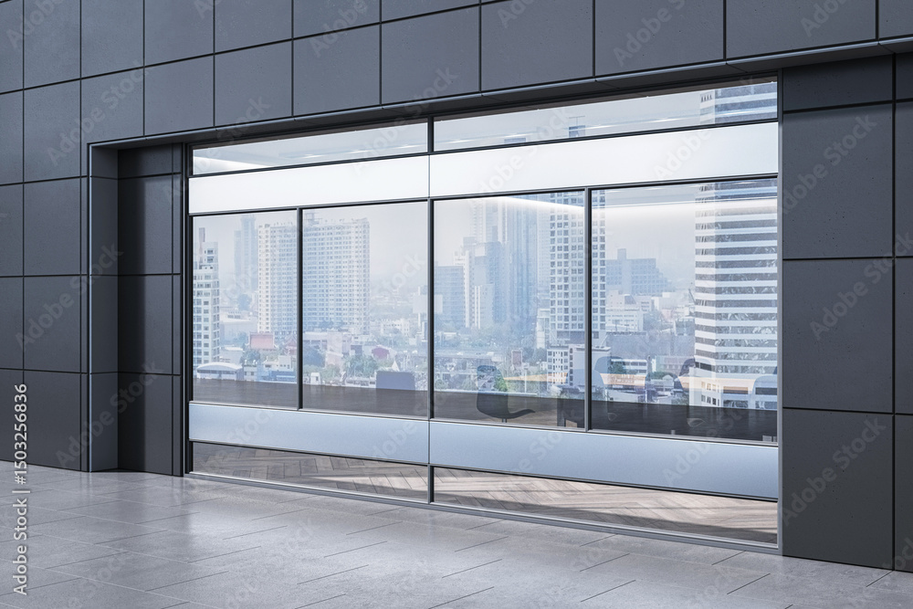 Poster Modern office building exterior with large reflective glass window showing cityscape in background and clean tiled surface. 3D Rendering