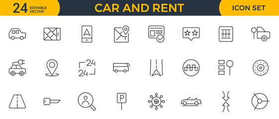 Car and rent linear icon set. Automobile business, car rent, repair, transport, travel, car sharing and transport outline icon collection.