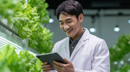 屋内での水耕栽培でタブレットを操作しながら観察する笑顔の男性研究者（テクノロジー・農業・屋内農園・LED・植物工場）