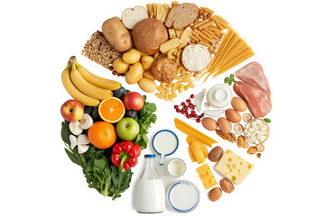 Balanced diet food groups chart with fresh ingredients