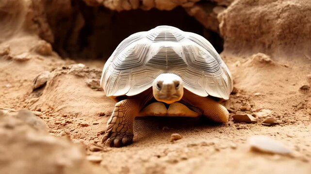 Close-up of a slow-moving tortoise with a patterned shell crawling across the sandy, brown terrain near a cave entrance.
