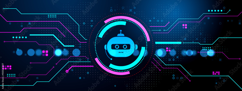 Poster Futuristic chatbot icon with neon circuit lines and digital elements on dark background representing artificial intelligence and technology concept. 3D Rendering