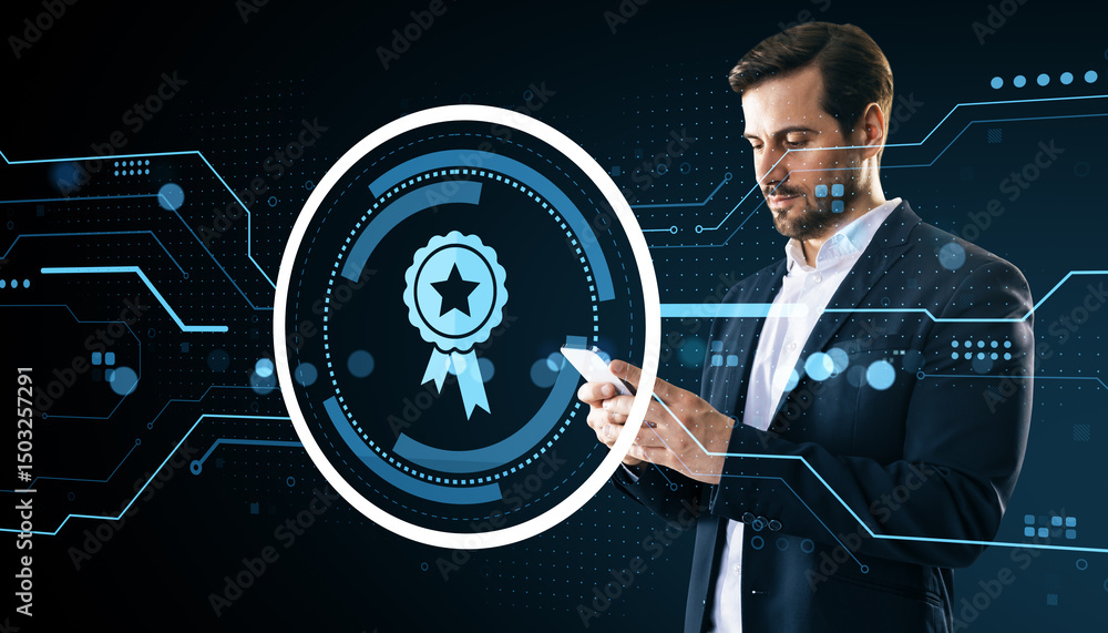 Aufkleber Businessman using smartphone with digital badge symbol, futuristic tech interface and abstract light background representing digital certification.