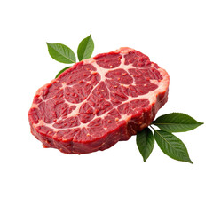Delicious fresh beef slice with marbling, accompanied by lush green leaves, premium quality, perfect for culinary display. png with transparent background.