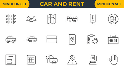Car and rent linear icon set. Automobile business, car rent, repair, transport, travel, car sharing and transport outline icon collection.