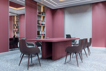 Modern empty corporate meeting room with pink walls, elegant furniture, and organized shelves,...