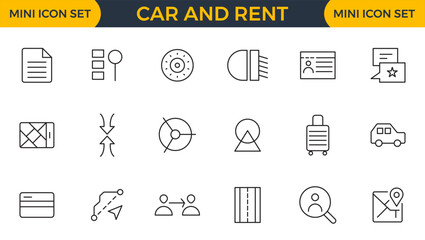 Car and rent linear icon set. Automobile business, car rent, repair, transport, travel, car sharing and transport outline icon collection.