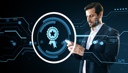 Businessman using smartphone with digital badge symbol, futuristic tech interface and abstract light background representing digital certification.