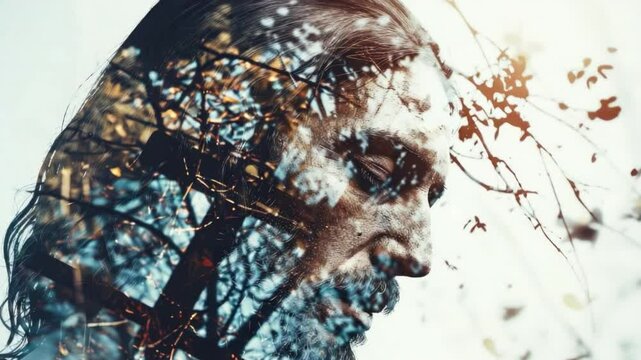 Contemplative Man With Nature Background, Merging Human Emotions With Wild Beauty, Serene Connection Between Person And Environment 4k video footage