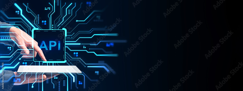 Aufkleber Businessperson interacting with digital API interface on futuristic background with glowing circuit lines and technology connections concept.