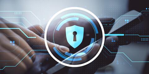 Cybersecurity concept showing a person using a smartphone with a digital lock interface overlay on a light-tech background symbolizing data protection.