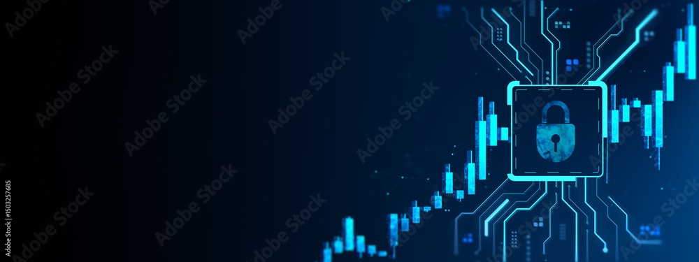 Aufkleber Cybersecurity lock icon on digital circuit board with glowing stock chart bars in futuristic blue background concept of financial data protection. 3D Rendering