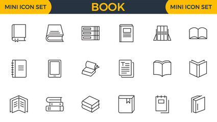 Book line icon collection. School, education, various books, literature, dictionary, audiobook, learning, library and e book icons set.