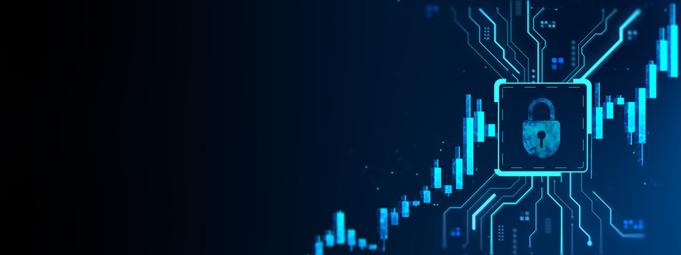 Cybersecurity lock icon on digital circuit board with glowing stock chart bars in futuristic blue background concept of financial data protection. 3D Rendering - Powered by Adobe