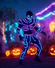 Digital Halloween festival with robots, monsters, virtual creatures, neon pumpkins, and VR-inspired costumes in high-tech setting Generative AI