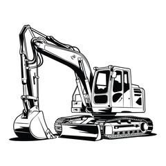 Detailed Excavator Vector Illustration – Heavy Duty Construction Equipment in Black and White Style © TAPU SHAHA