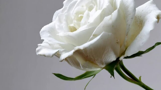 Elegant creamy white rose blossom, close-up studio shot showing delicate petals and green stem against a neutral gray background.