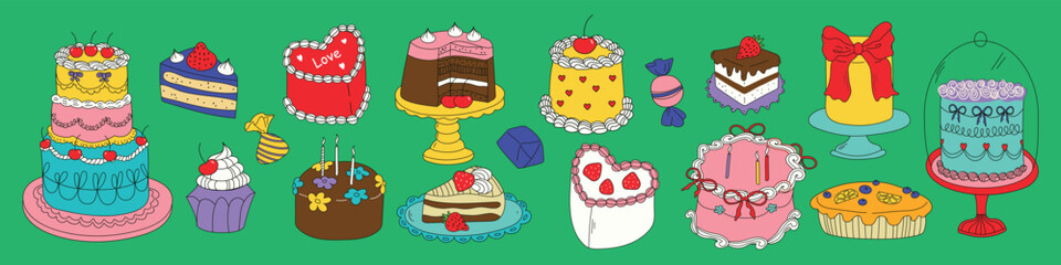 Set of hand drawn colorful cakes, cupcakes, pies and desserts. Whimsical doodle pastry in coquette style. Sweet pastry food for wedding invitations, birthday cards, party decor, bakery menu . Vector 
