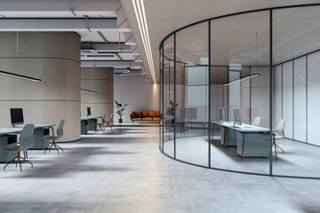 Modern empty corporate office interior with glass partition walls, clean design, light tones, and...