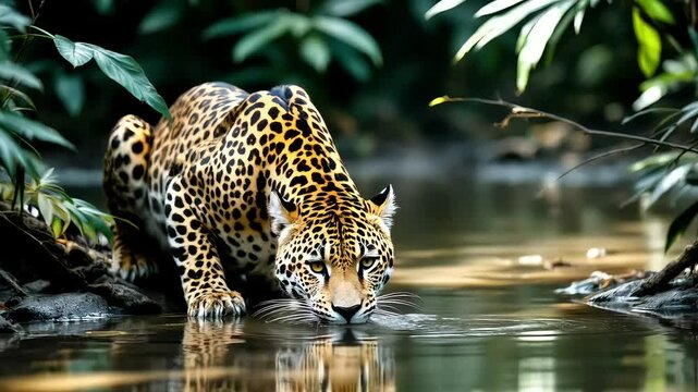 A jaguar drinking from a slow-moving jungle river, eyes alert and unblinking