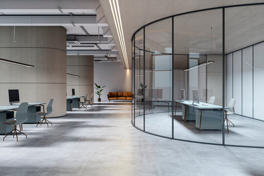 Modern empty corporate office interior with glass partition walls, clean design, light tones, and contemporary workstations and furniture. 3D Rendering