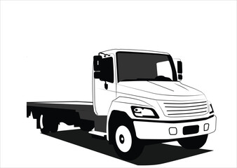 Fototapeta premium Black and white vector of a flatbed truck, isolated on white background, side-front view