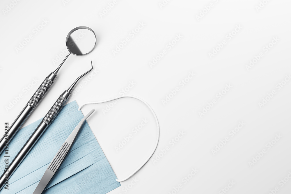 Poster dental tools and medical mask on white background with empty space, clean modern layout for healthca